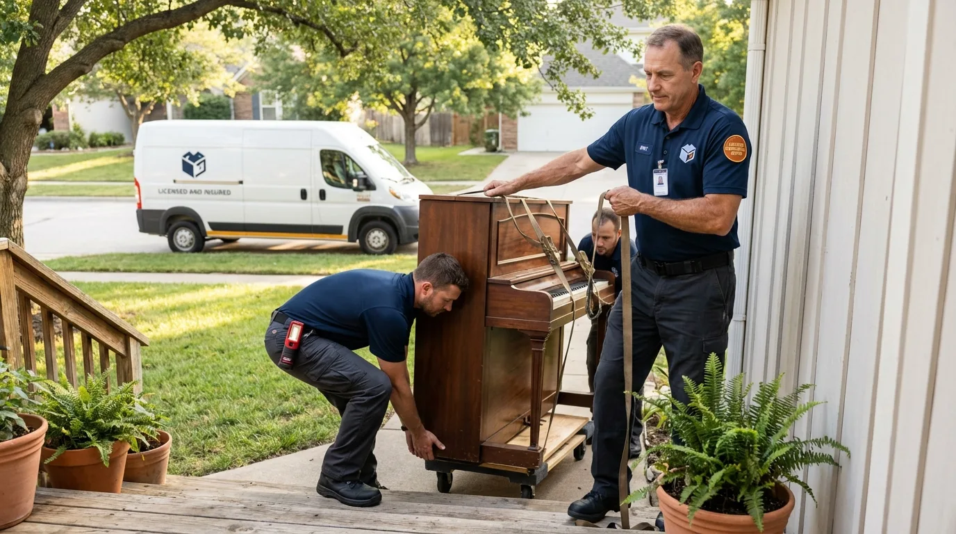 Licensed piano movers securing grand piano in Brooklyn, WI