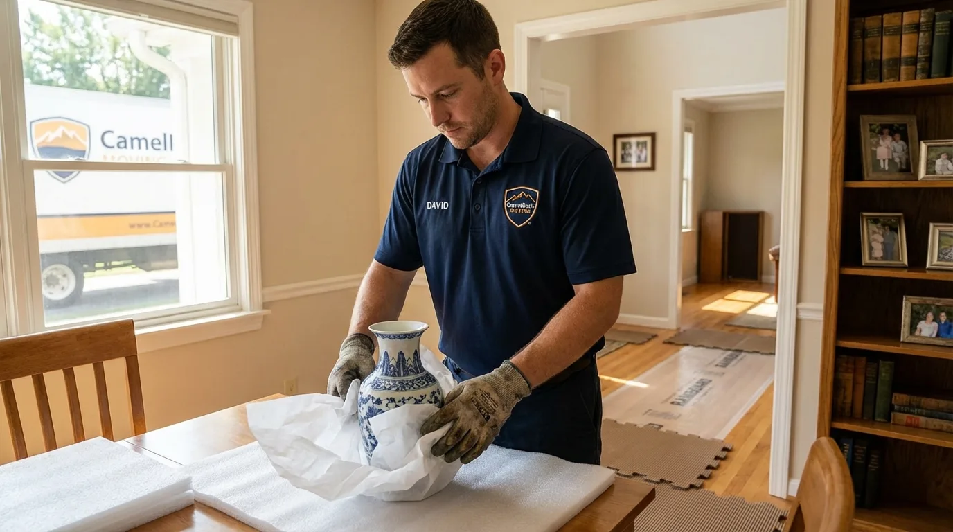 Professional crew carefully wrapping antique vase for senior downsizing move in Brooklyn, WI