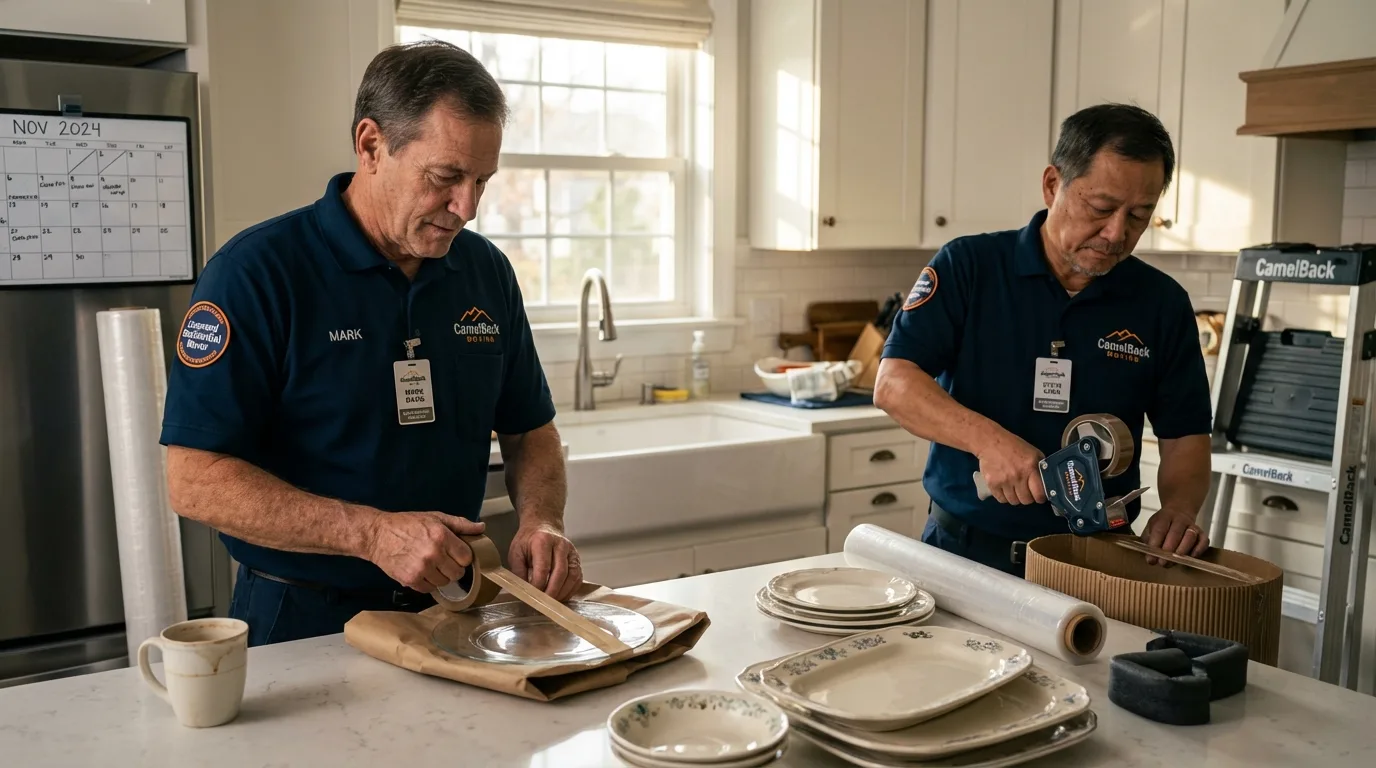 Professional crew packing kitchen dishware in Brooklyn, WI